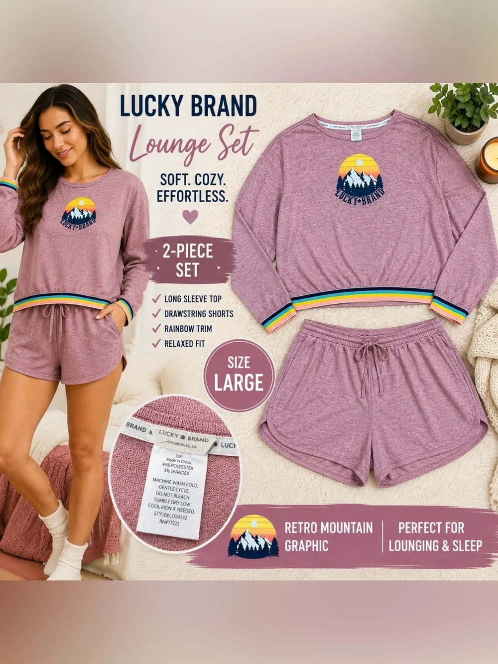 Lucky Brand 2-Piece Lounge Pajama Set Size Large Mauve Rainbow Trim